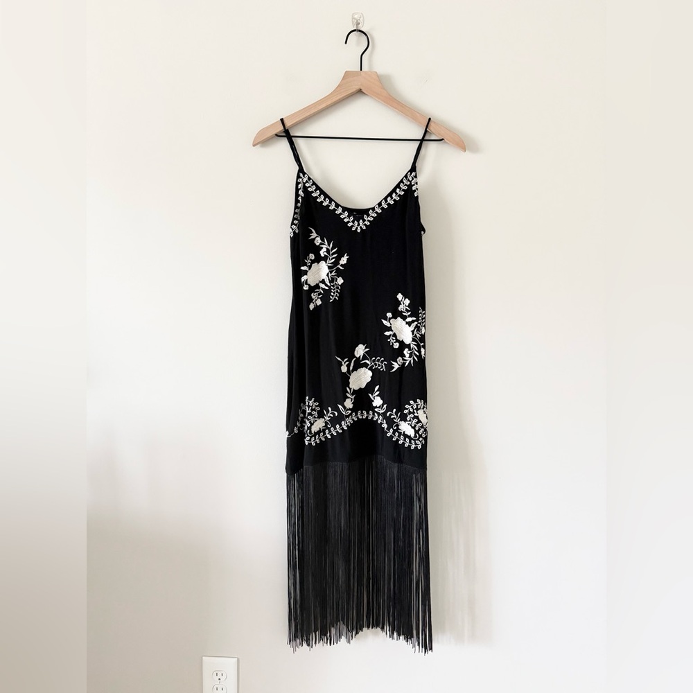 Nasty Gal Black Mini Dress with White Floral Embroidery & Fringe - Picture 2 of 6
